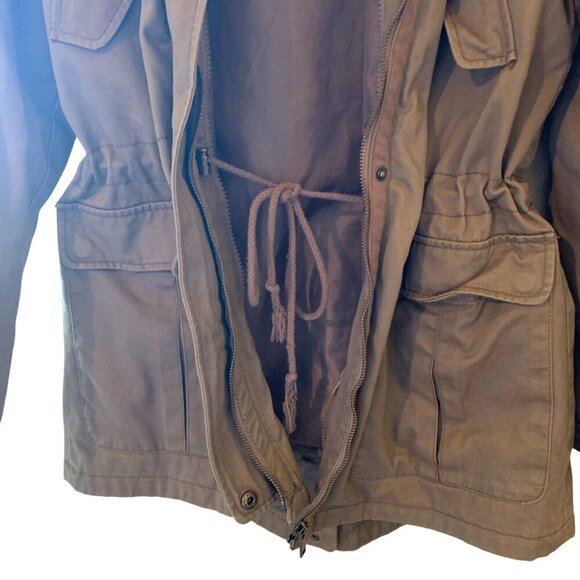 Olive Green Hooded Chore Barn Jacket LG Pockets Snaps 2 Zippers Draw String S-M - Picture 4 of 16